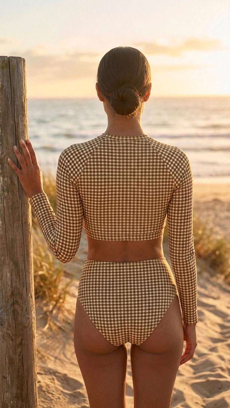 Retro Surf Sporty Long-Sleeve Rash-Guard Bikini | High-Waist Two-Piece Swimsuit | Vintage-Inspired Olive Gingham
