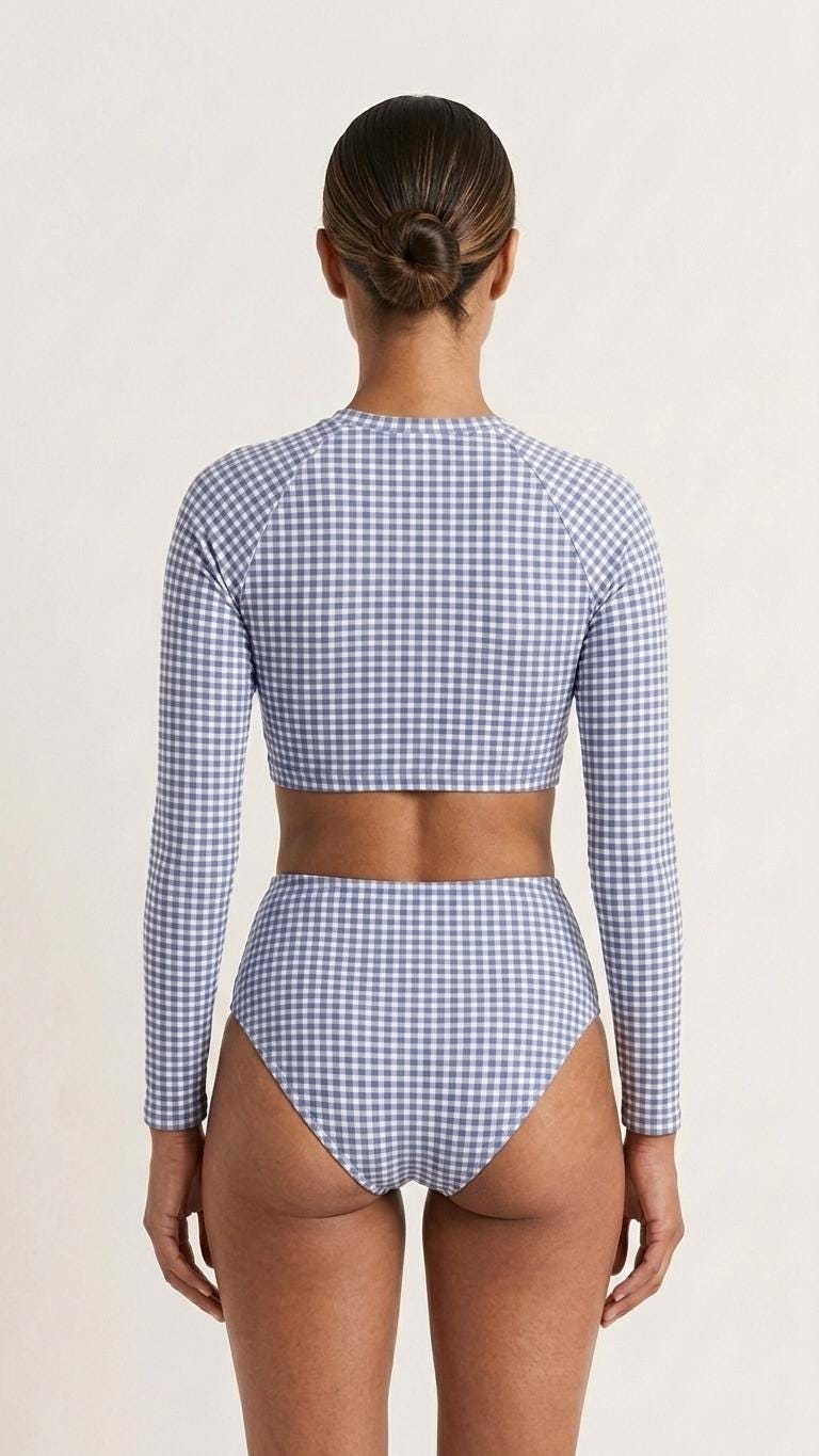 Retro Surf Sporty Long-Sleeve Rash-Guard Bikini | High-Waist Two-Piece Swimsuit | Vintage-Inspired Blue Gingham