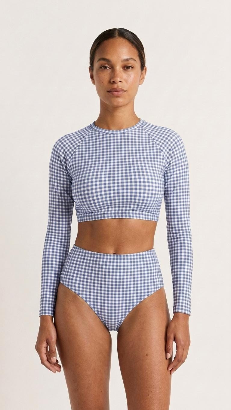 Retro Surf Sporty Long-Sleeve Rash-Guard Bikini | High-Waist Two-Piece Swimsuit | Vintage-Inspired Blue Gingham