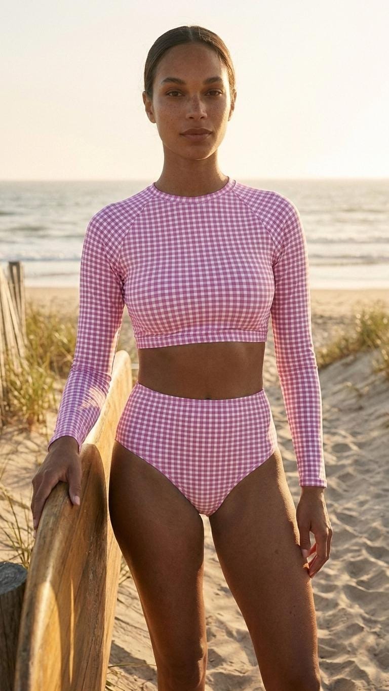 Retro Surf Sporty Long-Sleeve Rash-Guard Bikini | High-Waist Two-Piece Swimsuit | Vintage-Inspired Pink Gingham