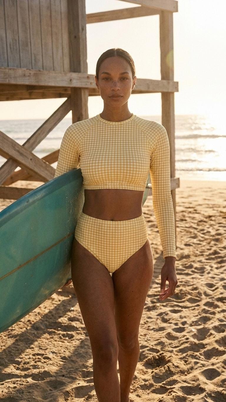 Retro Surf Sporty Long-Sleeve Rash-Guard Bikini | High-Waist Two-Piece Swimsuit | Vintage-Inspired Yellow Gingham