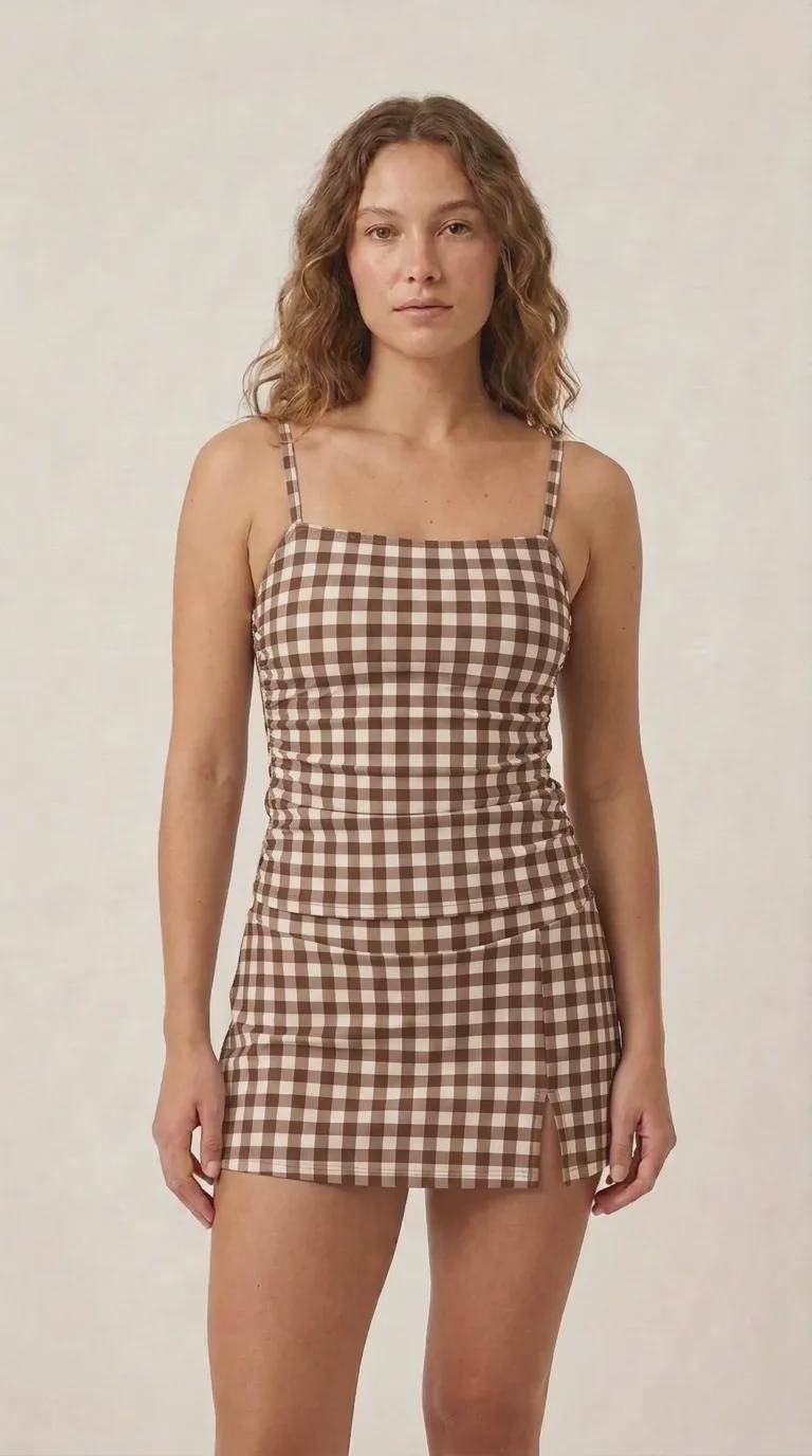 Brown Gingham Retro Tankini Skirt 3-Piece Swim Set