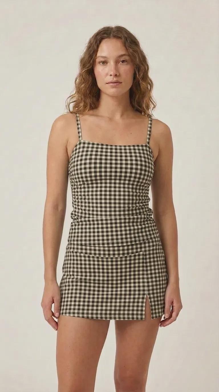 Traditional Black Gingham Retro Tankini Skirt 3-Piece Swim Set