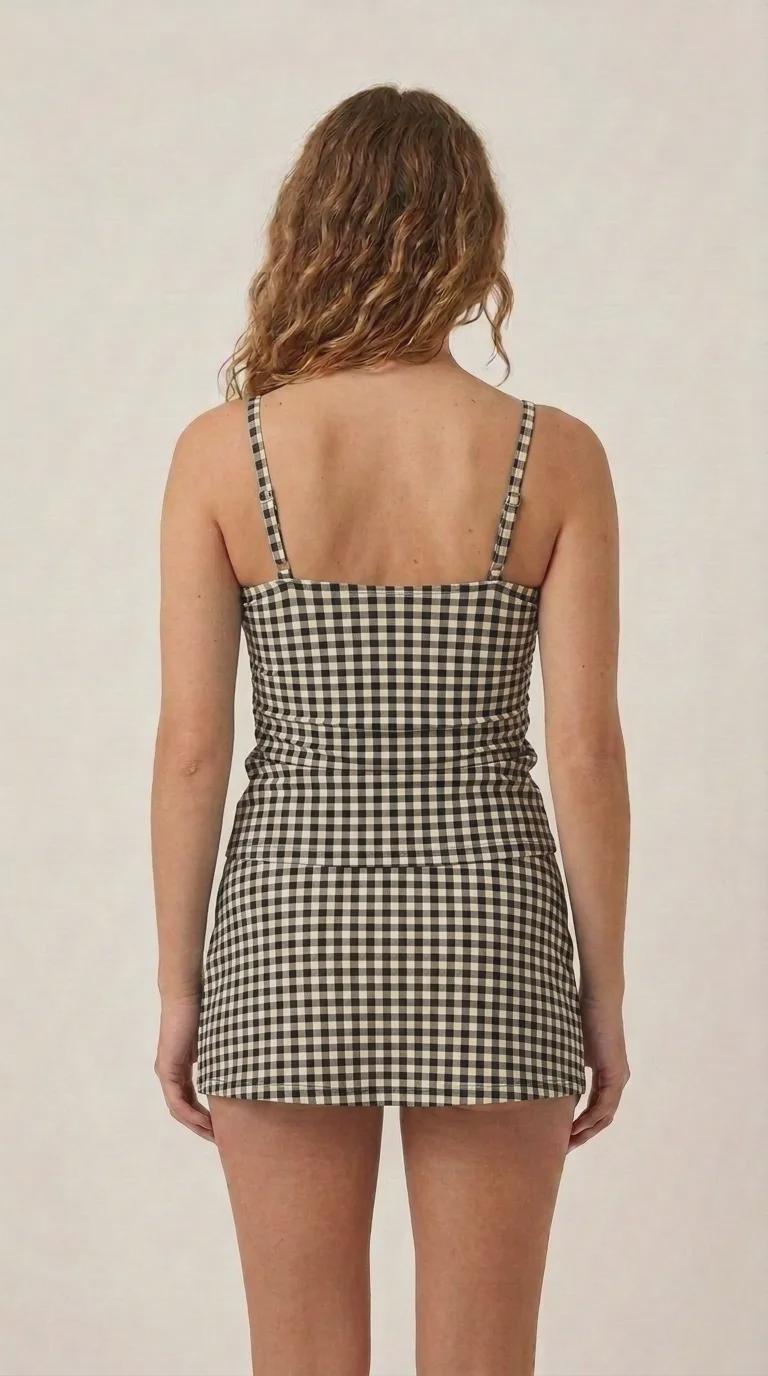 Traditional Black Gingham Retro Tankini Skirt 3-Piece Swim Set
