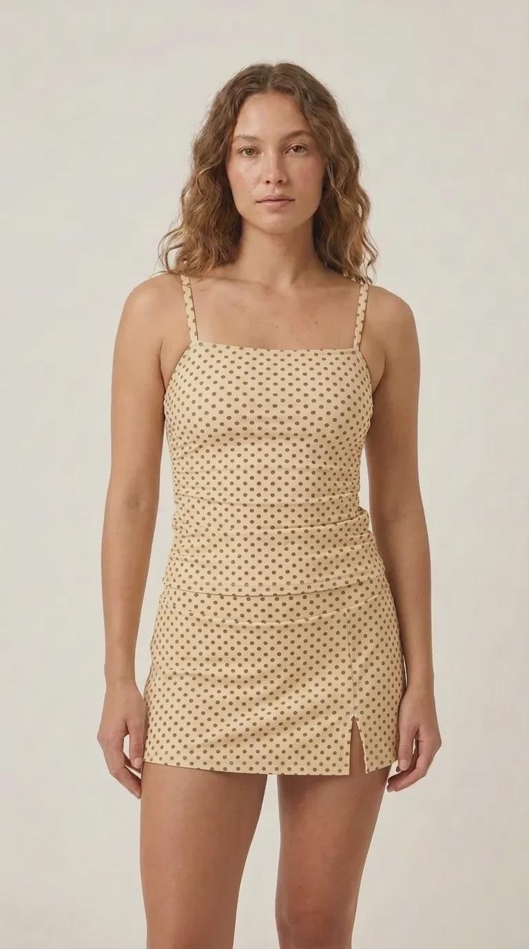 Brown Polka Dot Retro Tankini Skirt 3-Piece Swim Set