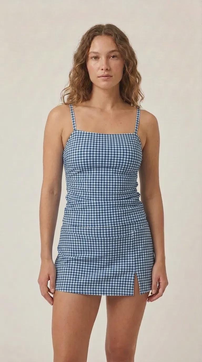 Traditional Blue Gingham Retro Tankini Skirt 3-Piece Swim Set