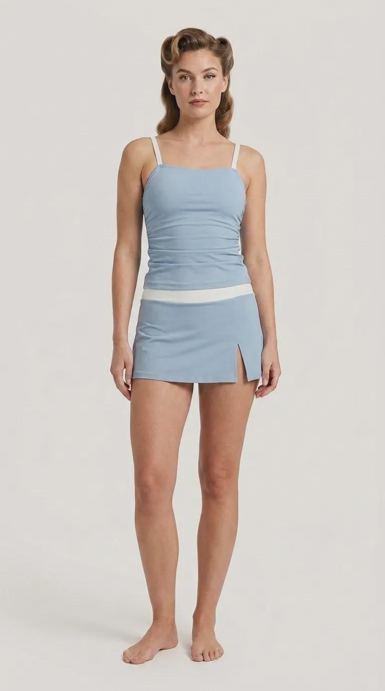French Blue and White Retro Tankini Skirt 3-Piece Swim Set