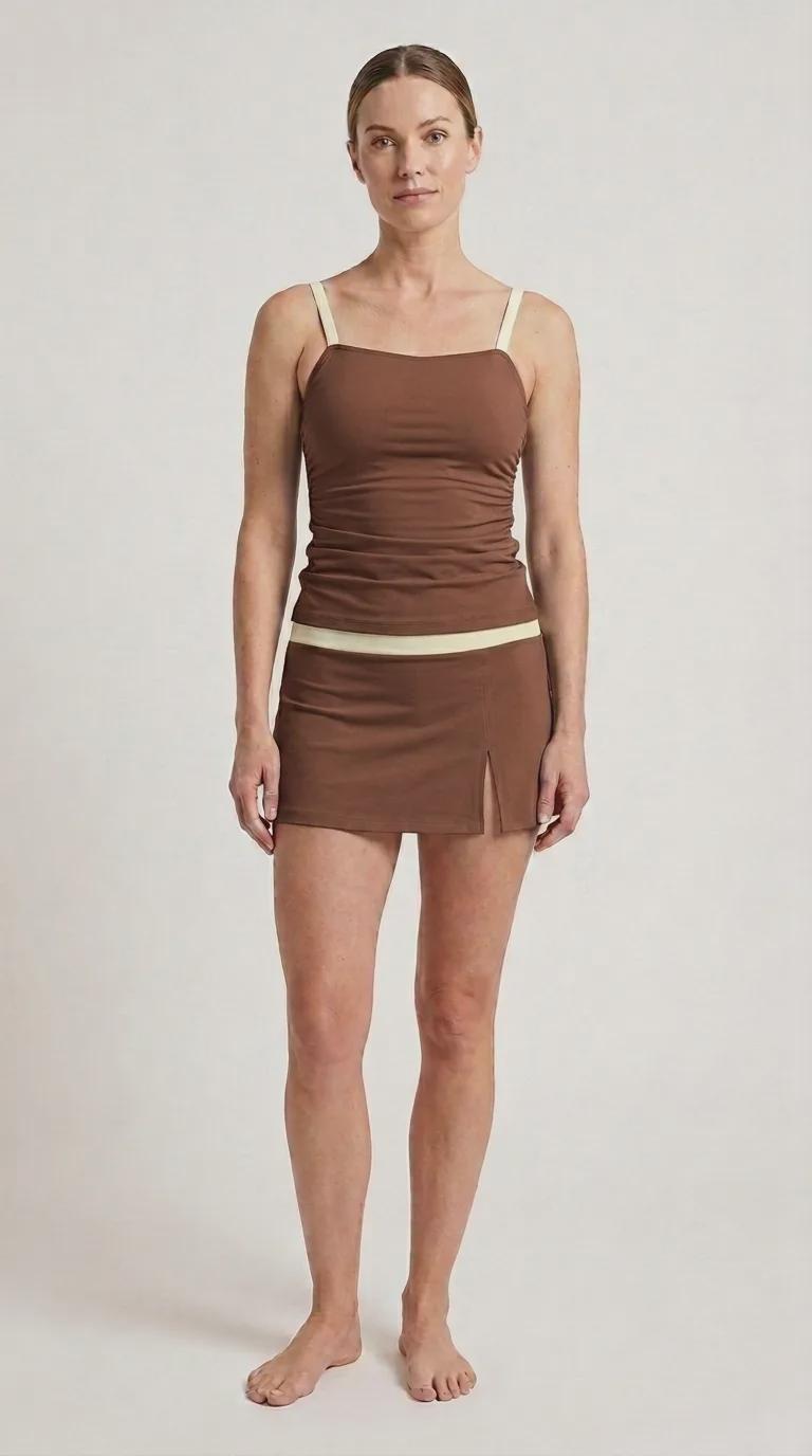 Chocolate Brown and Cream Retro Tankini Skirt 3-Piece Swim Set
