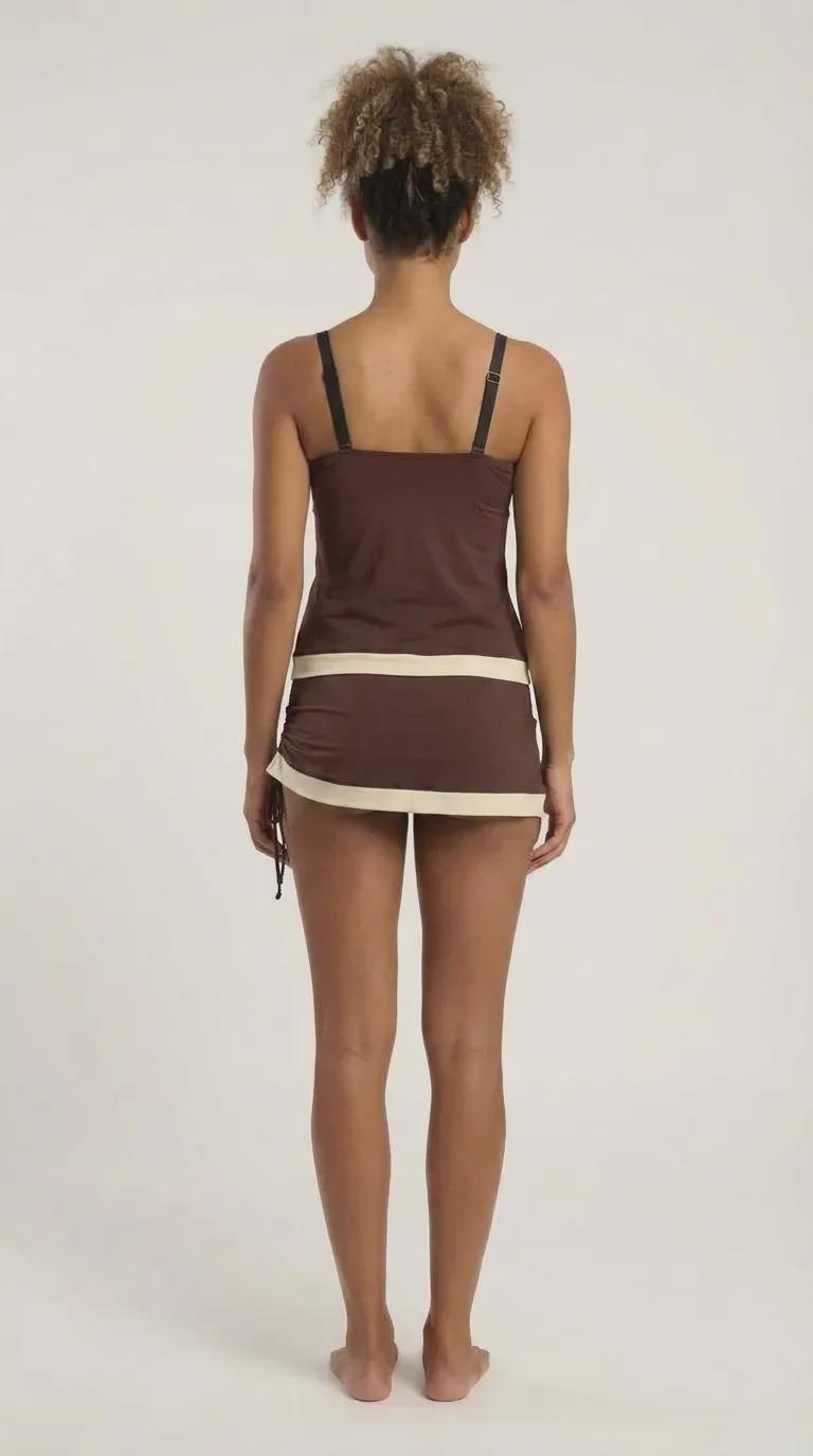 Drawstring Tankini Swimdress Skirted Swimsuit Set, Brown and Cream