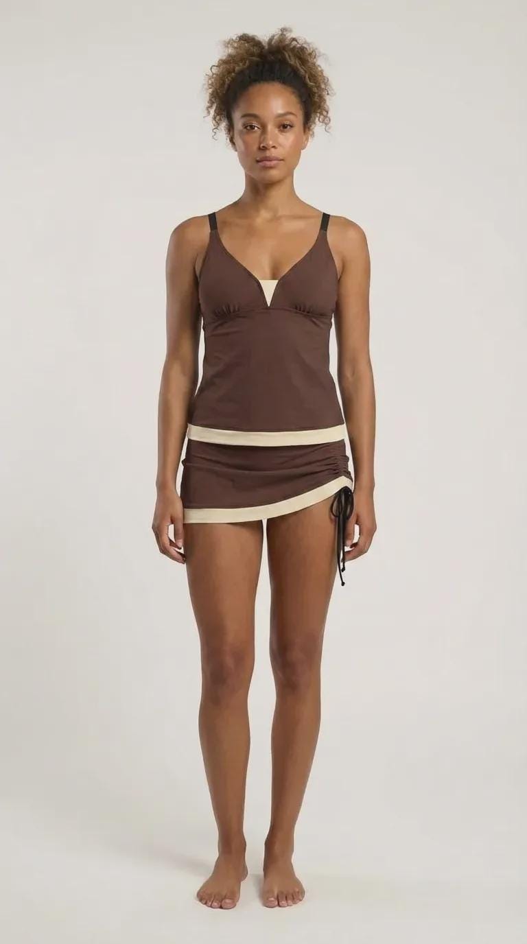 Drawstring Tankini Swimdress Skirted Swimsuit Set, Brown and Cream