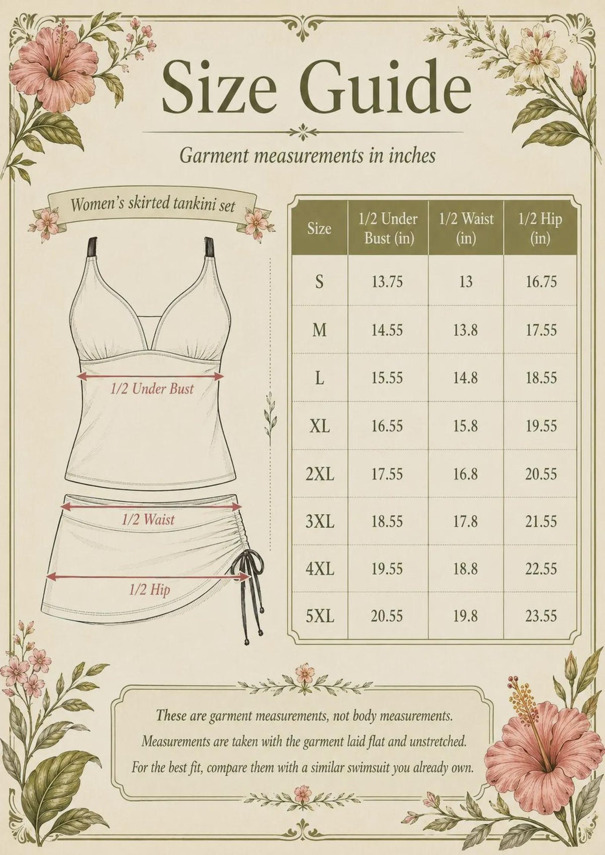 Drawstring Tankini Swimdress Set - Skirted Swimsuit - Black Thorns & Other Colours
