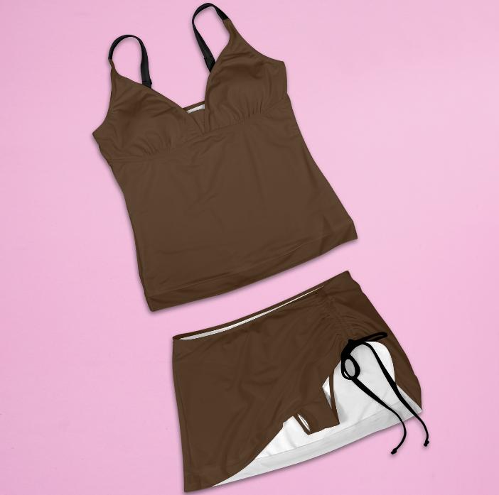 Drawstring Tankini Swimdress Skirted Swimsuit Set, Brown