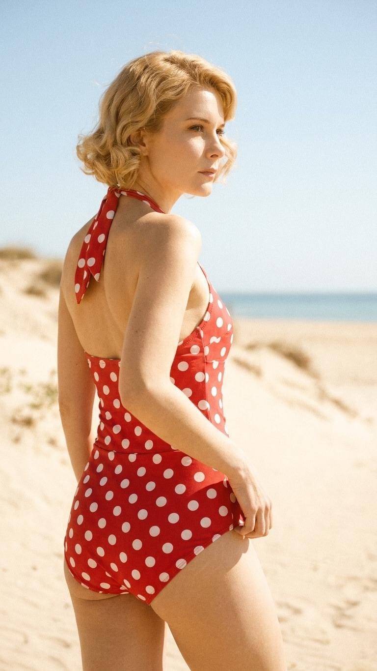 Retro Red Polka Dot Halter Swimsuit, Vintage Mod 50s Pin Up, Padding & Tummy Control