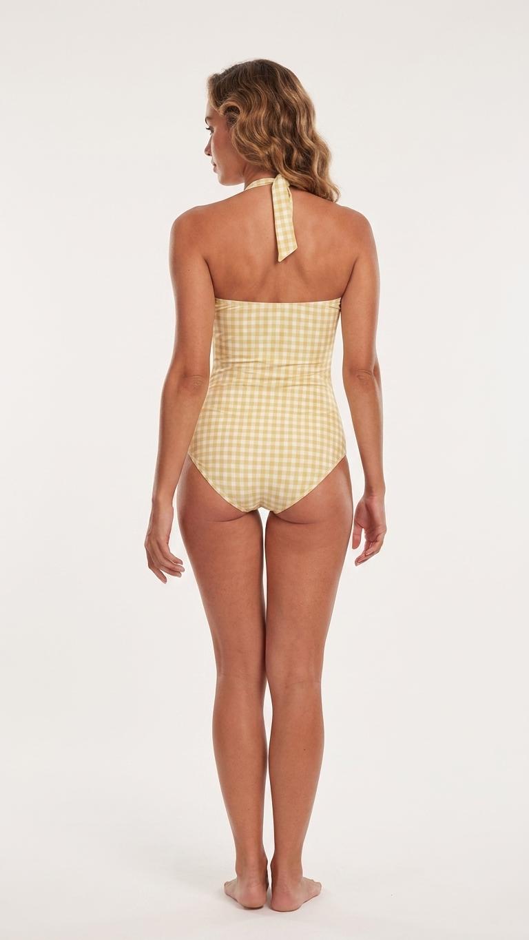 Coquette Vintage Pin Up Gingham Chequered Halter Sweetheart One-Piece Swimsuit, Padding & Tummy Control, Yellow
