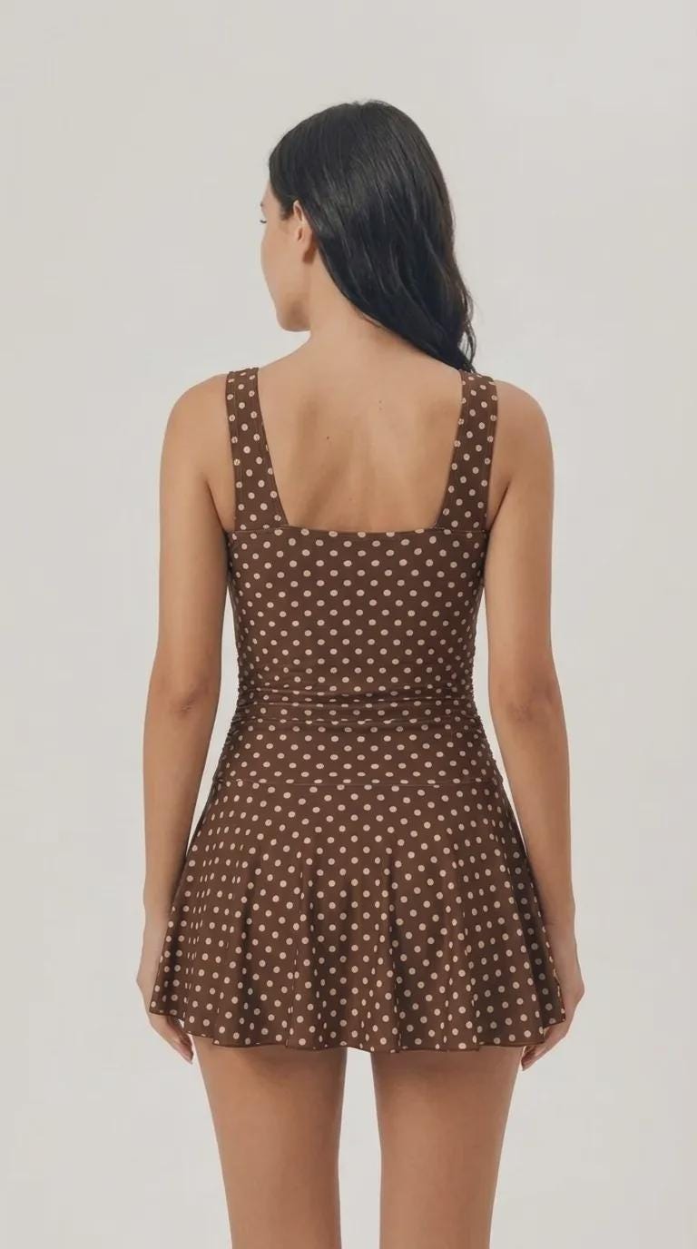 Retro Pleated Swim Dress with Matching Boyshort Bottoms, Vintage-Inspired Modest Tankini, Brown Polka-Dot
