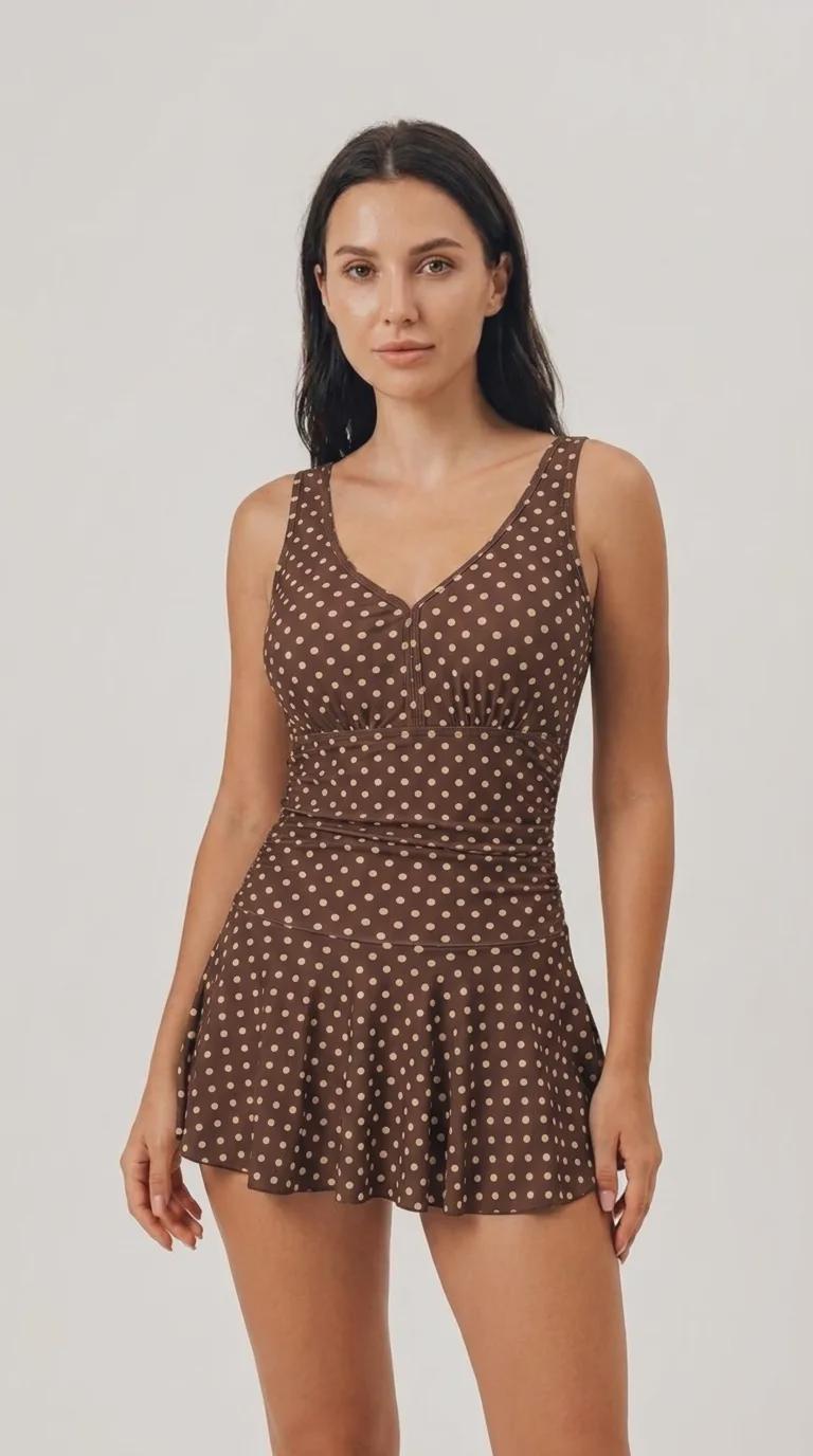 Retro Pleated Swim Dress with Matching Boyshort Bottoms, Vintage-Inspired Modest Tankini, Brown Polka-Dot
