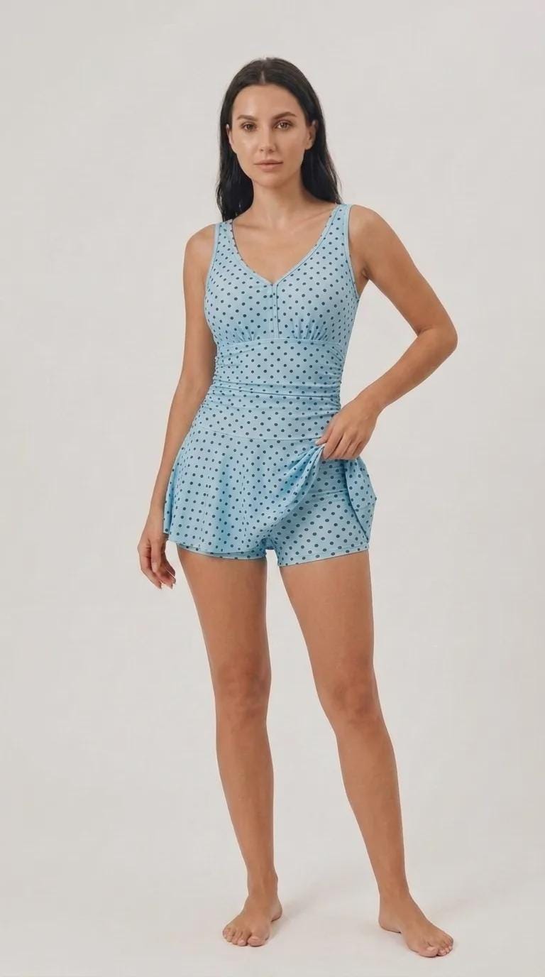 Retro Pleated Swim Dress with Matching Bottoms, Vintage-Inspired Modest Tankini, Blue Polka-Dot