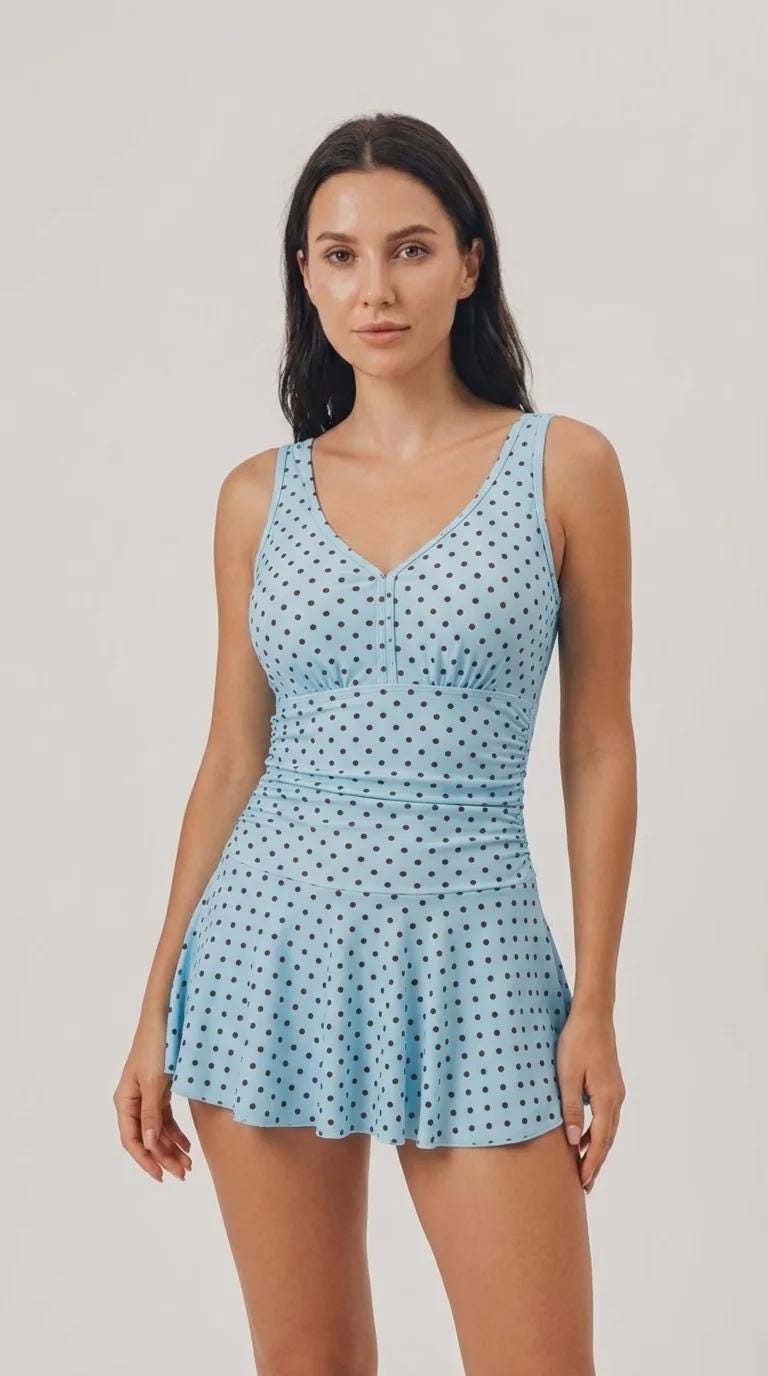 Retro Pleated Swim Dress with Matching Bottoms, Vintage-Inspired Modest Tankini, Blue Polka-Dot