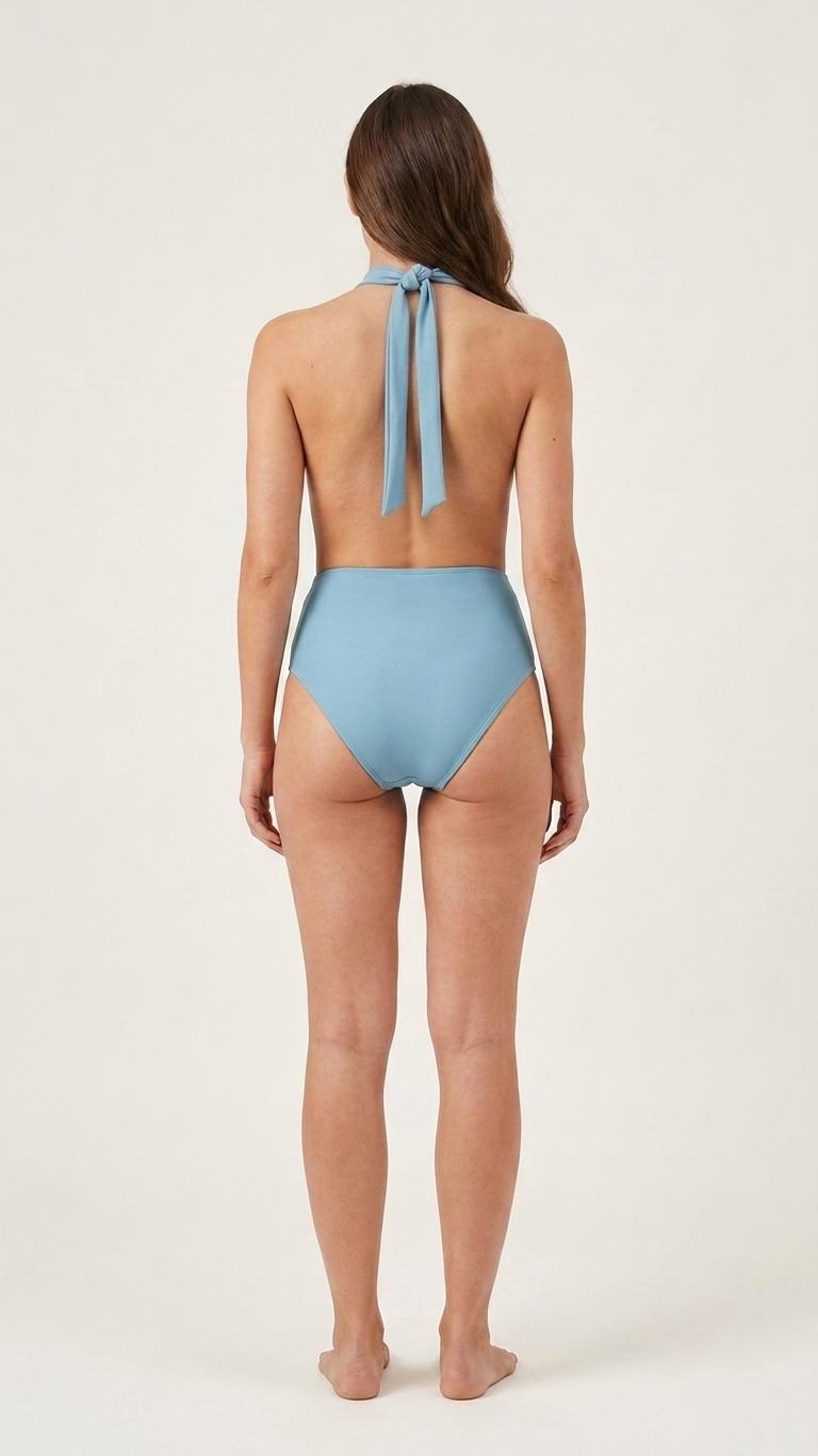 Monroe Retro Deep V Plunge Halter One-Piece Swimsuit - High-Waist Sexy Swimwear - Azure Blue