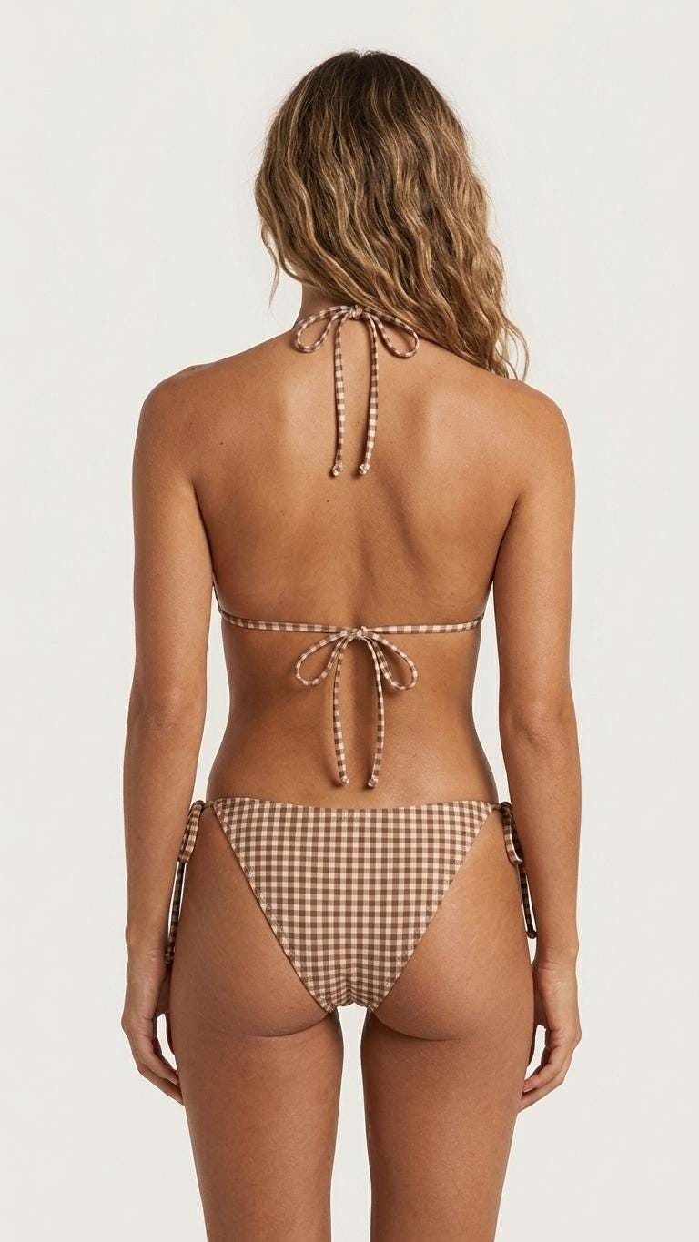 Retro Brown Gingham Triangle Bikini Set, Removable Pads, Adjustable Halter String Tie-Up Swimsuit
