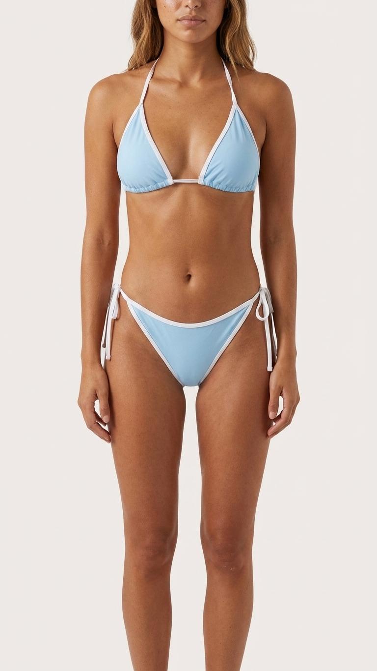 Sky Blue White Trim Bikini – Adjustable Triangle Top, Side Tie Bottom (S-5XL)