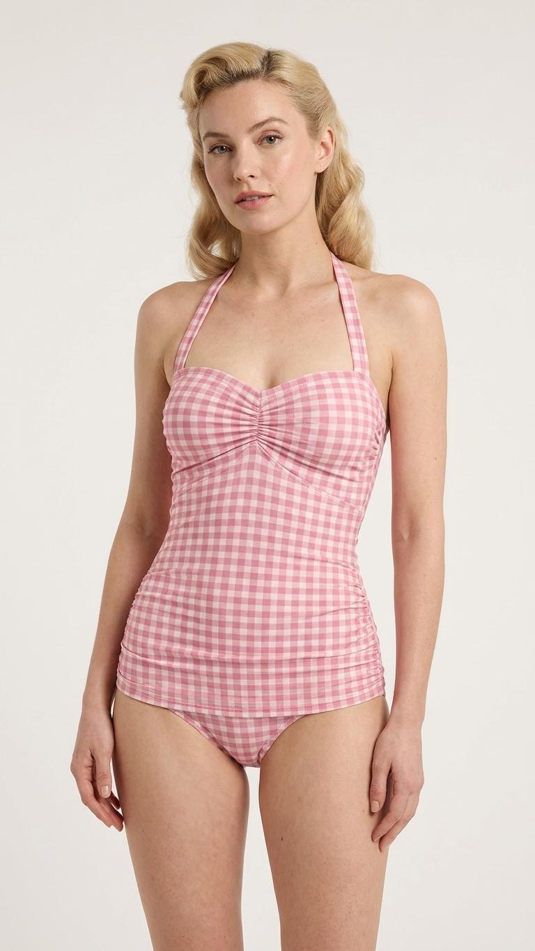 Coquette Vintage Pin Up Gingham Checkered Halter Sweetheart One-Piece Swimsuit, Padding & Tummy Control, Pink