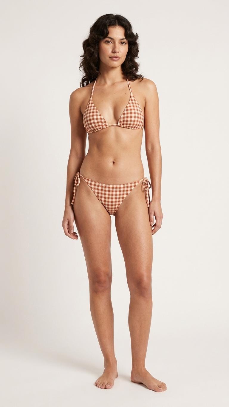 Retro Red Gingham Triangle Bikini Set, Removable Pads, Adjustable Halter String Tie-Up Swimsuit