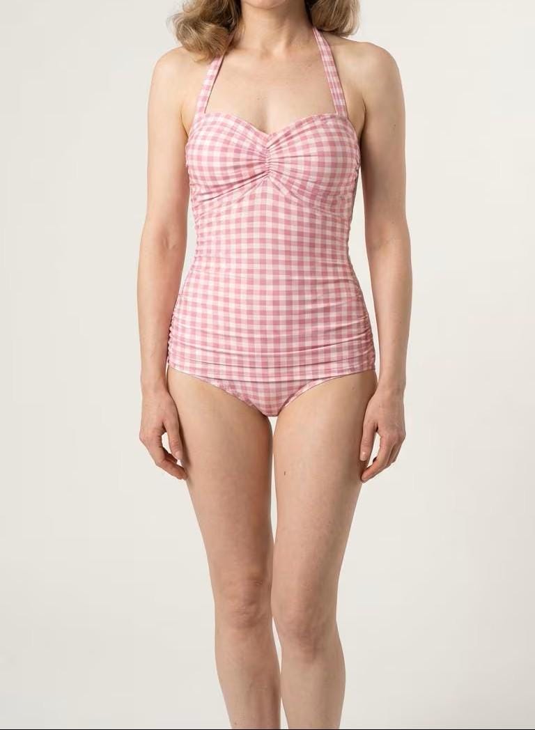 Coquette Vintage Pin Up Gingham Checkered Halter Sweetheart One-Piece Swimsuit, Padding & Tummy Control, Pink