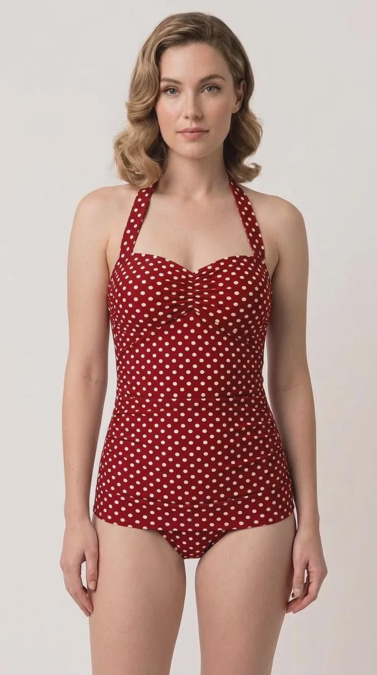 Polka Dot Halterneck One-Piece Swimsuit Vintage 50s Pin Up, Padding & Tummy Control, Various Colours
