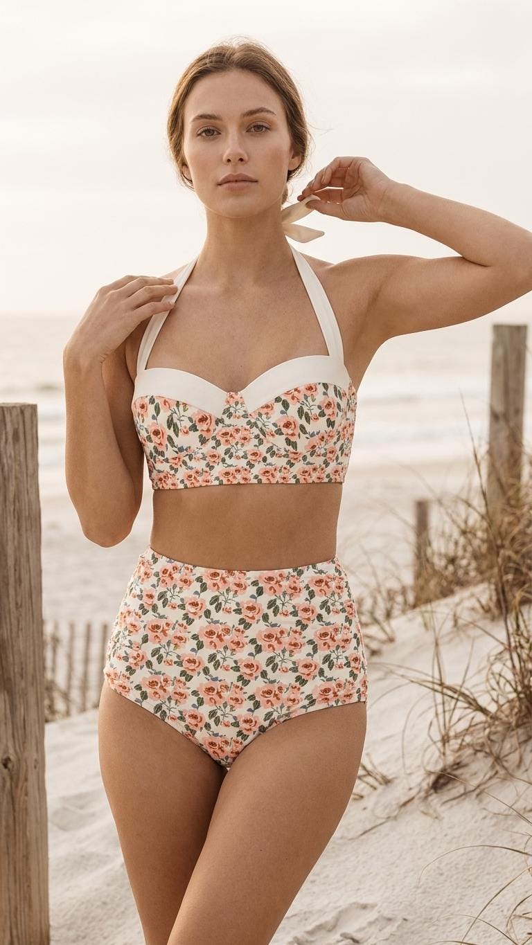 Vintage High-Waisted Bikini | Retro Classic Roses Halter Swimsuit | Coquette Ruched Two-Piece | 2 Styles