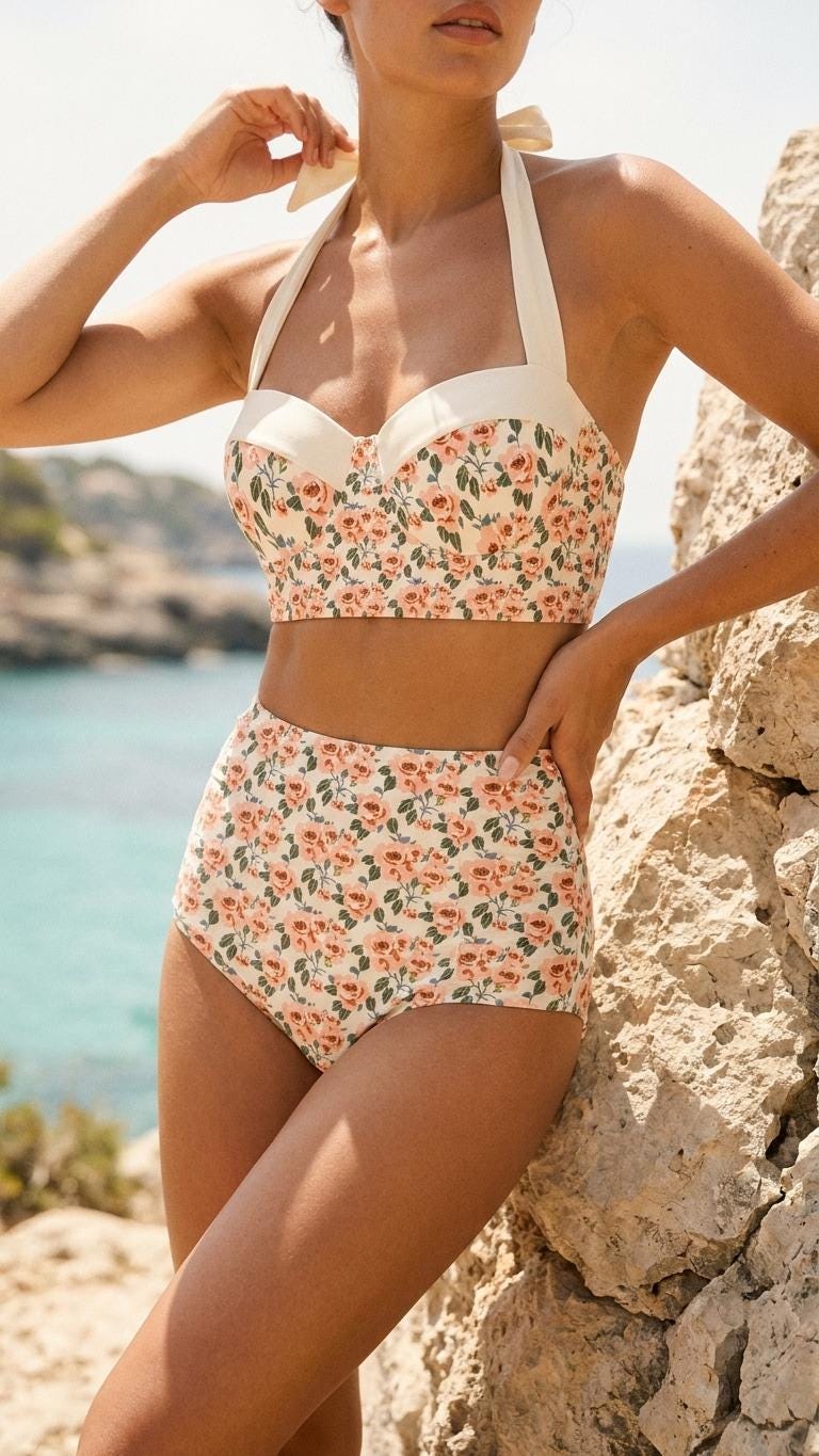Vintage High-Waisted Bikini | Retro Classic Roses Halter Swimsuit | Coquette Ruched Two-Piece | 2 Styles
