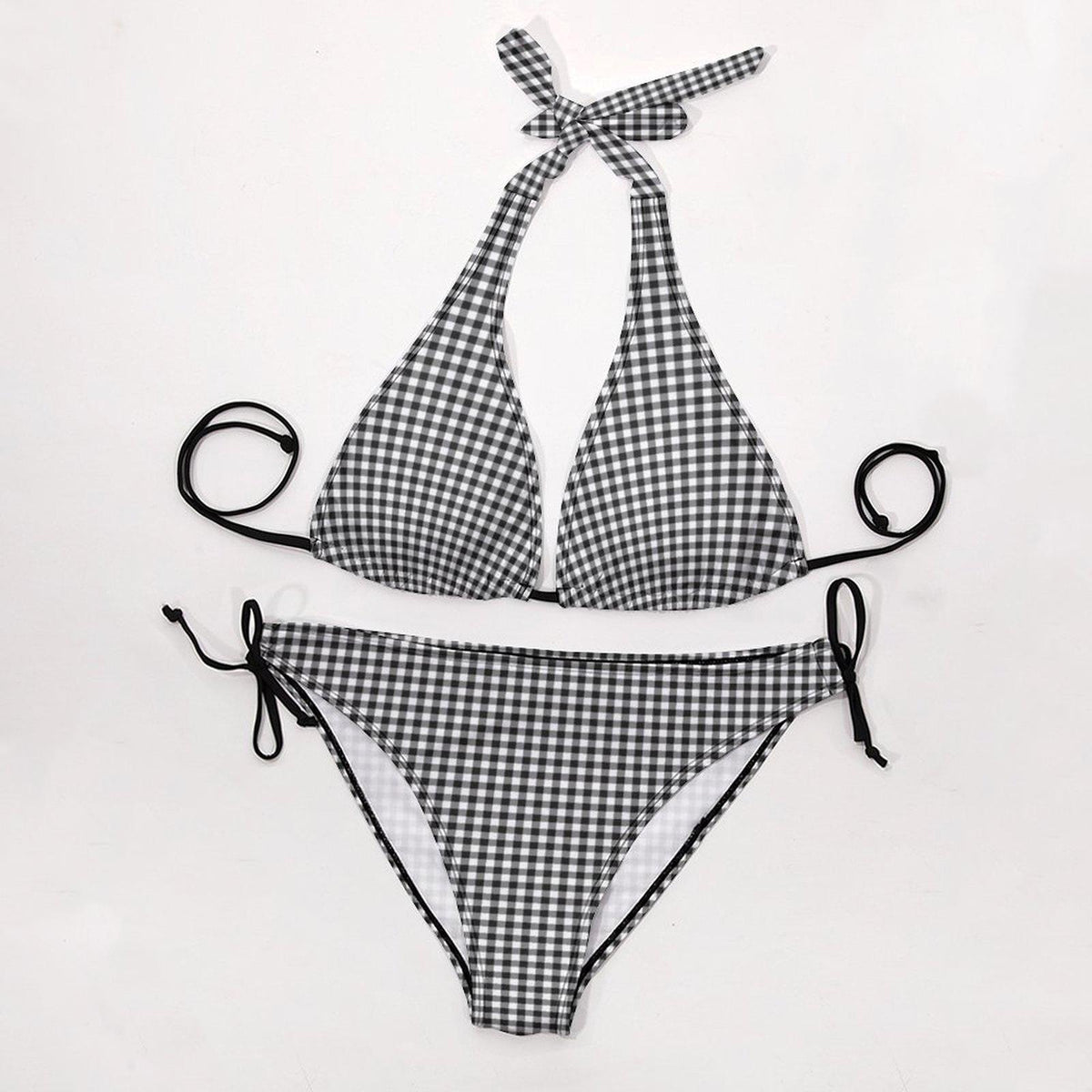 Black Gingham Triangle Bikini Set – Retro Festival Swimwear with Halter Top – Retro Beach Style