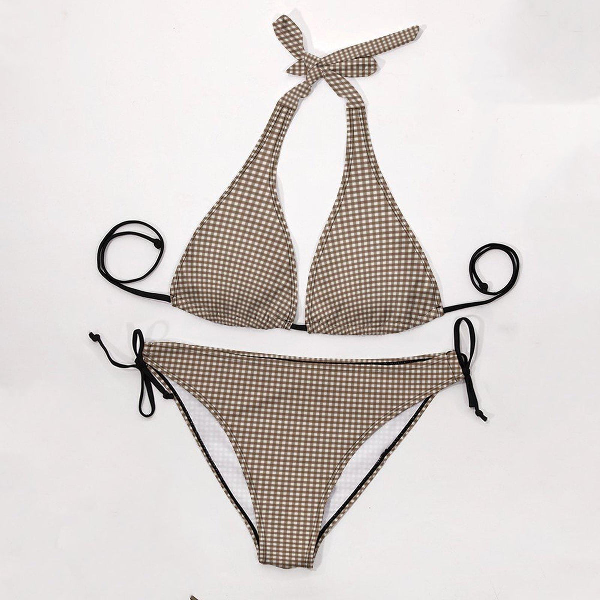 Brown Gingham Triangle Bikini Set – Retro Festival Swimwear with Halter Top – Retro Beach Style