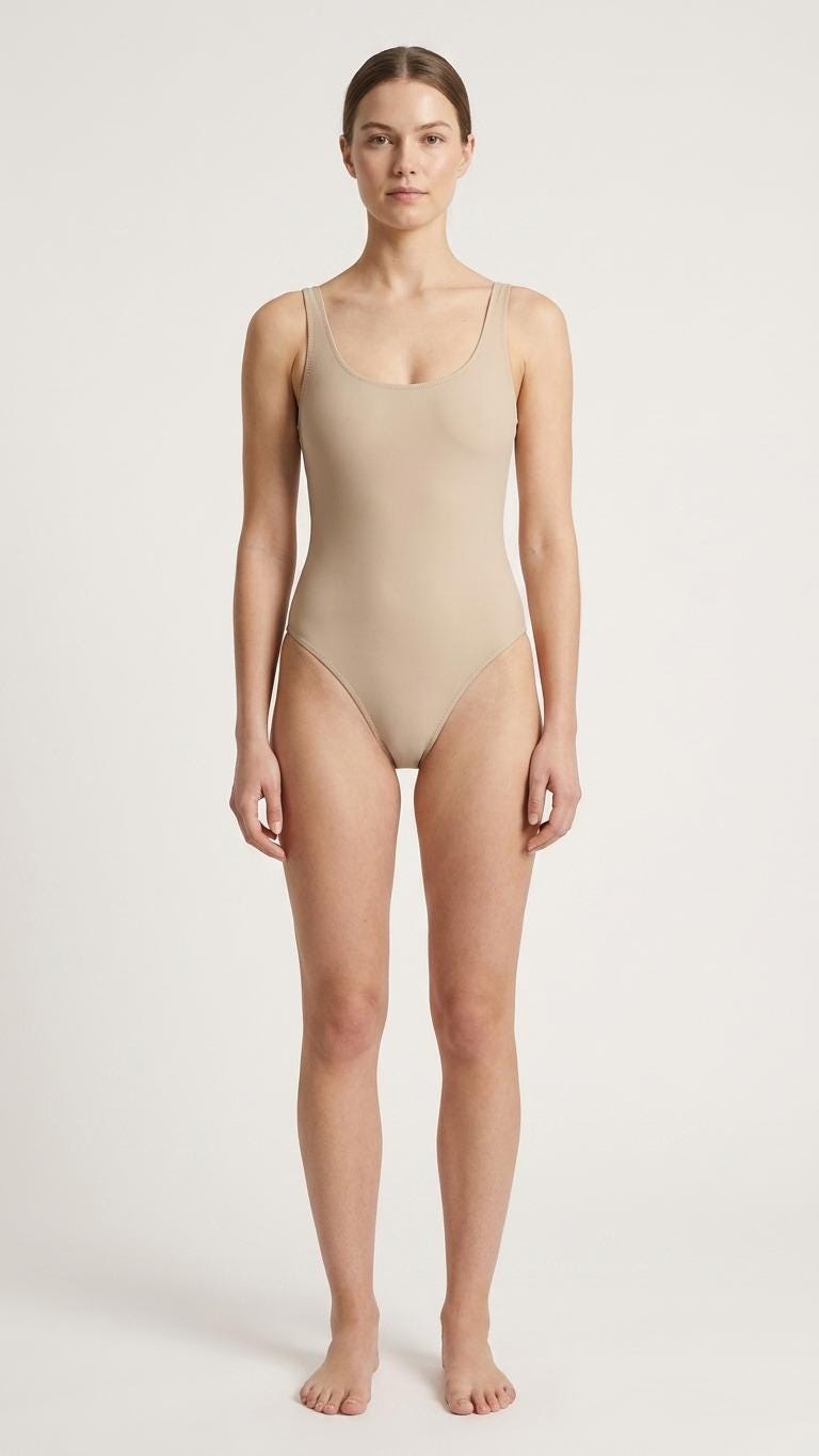 Nude Backless One-Piece Swimsuit, Soft Beige Classic Active Flattering XS-3XL
