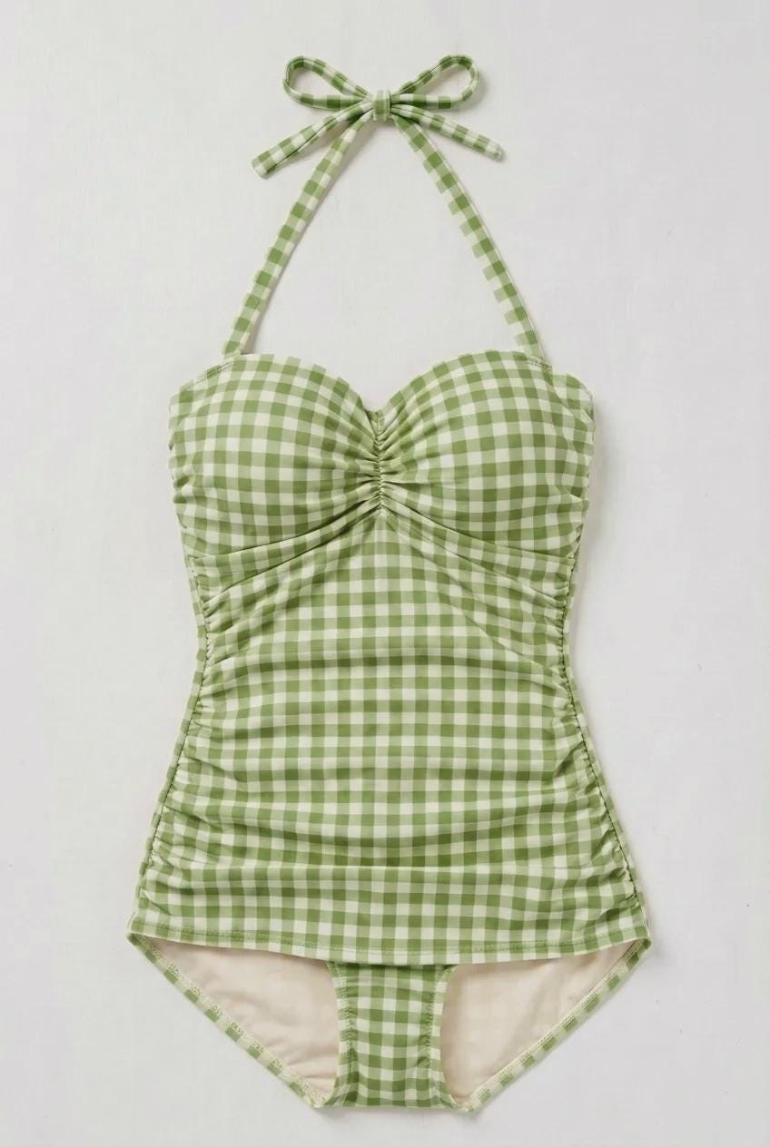 Coquette Vintage Pin Up Gingham Checkered Halter Sweetheart One-Piece Swimsuit, Padding & Tummy Control, Green
