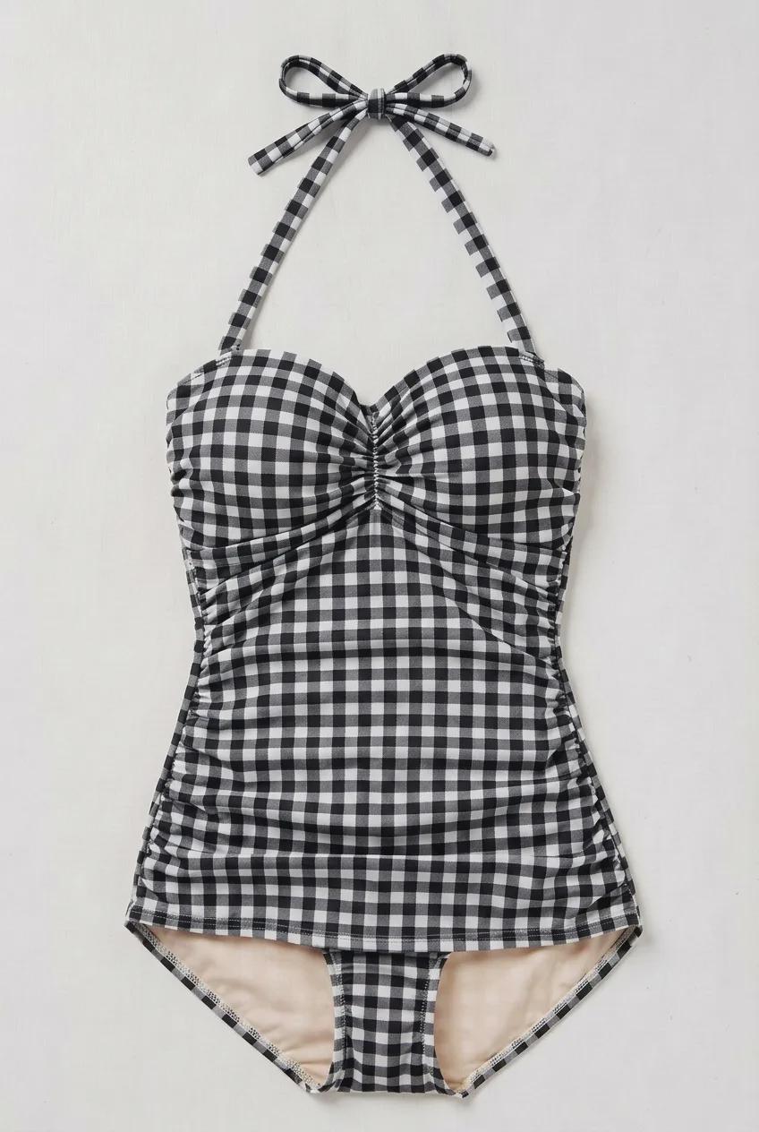 Coquette Vintage Pin Up Gingham Checkered Halter Sweetheart One-Piece Swimsuit, Padding & Tummy Control, Black