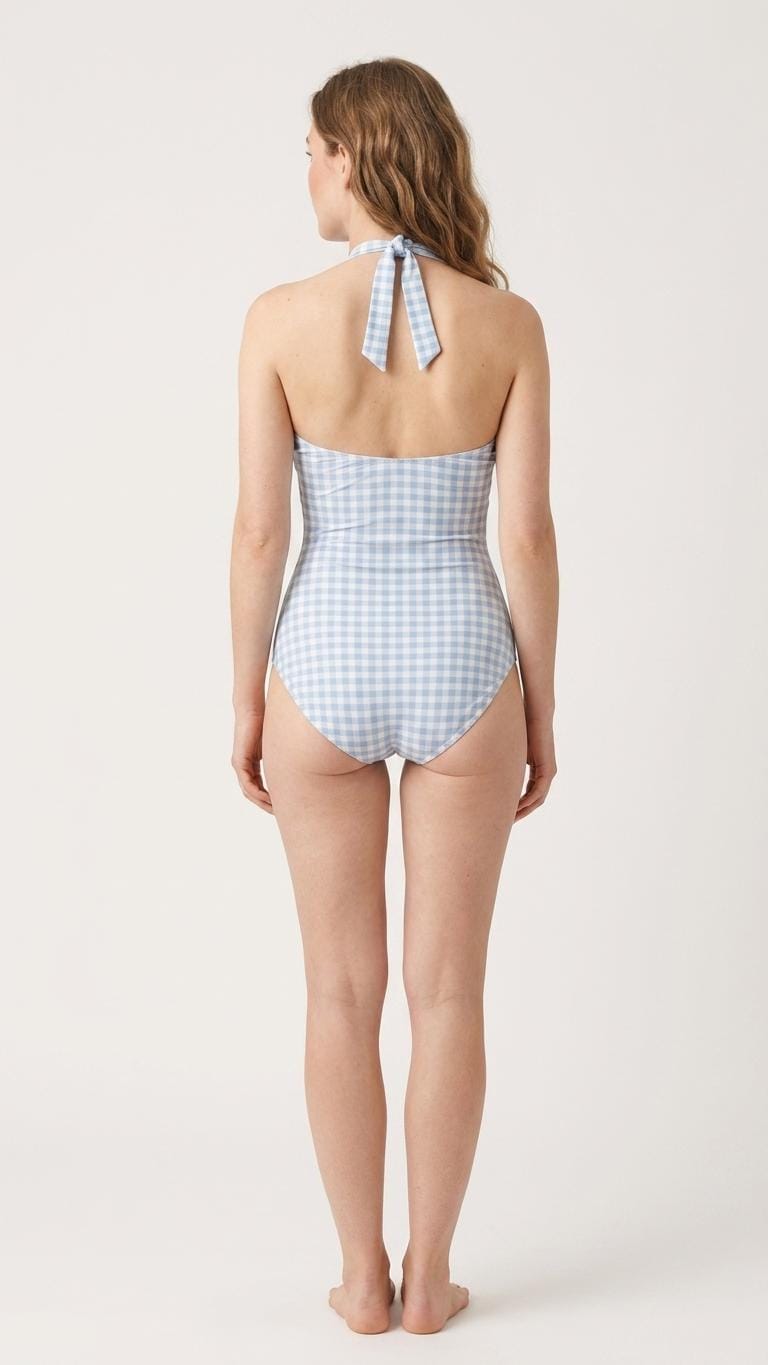 Coquette Vintage Pin-Up Gingham Checker Halter Sweetheart One-Piece Swimsuit, Padding & Tummy Control, Blue