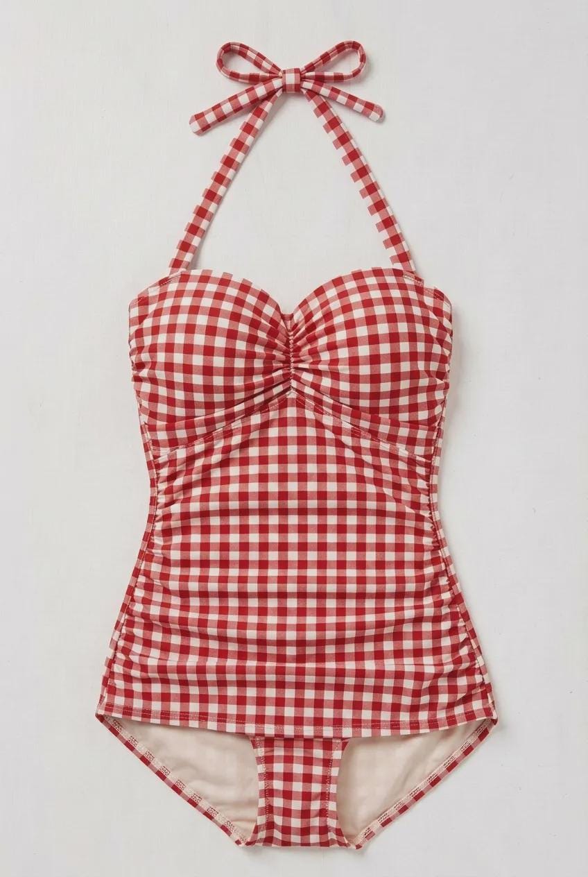 Red Vintage Gingham Traditional Halterneck One-Piece Swimsuit Rockabilly 50s Pin Up, Padding & Tummy Control