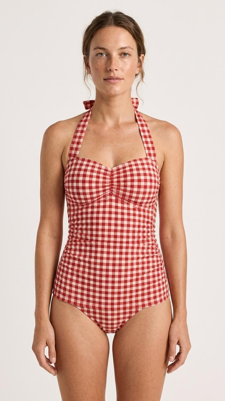 Red Vintage Gingham Traditional Halterneck One-Piece Swimsuit Rockabilly 50s Pin Up, Padding & Tummy Control