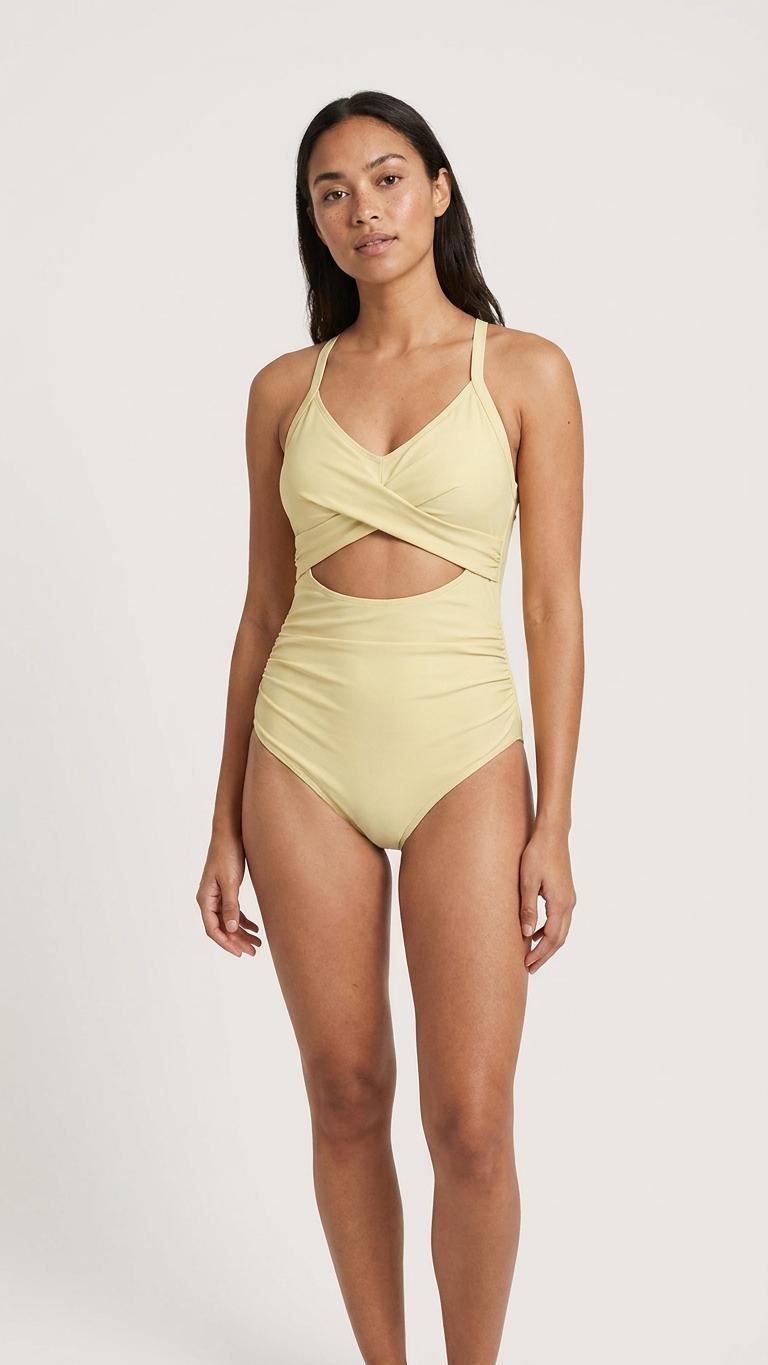 Buttermilk Cut-Out One-Piece Swimsuit, Lace-Up Back & Ruching, Pin-Up Vibes