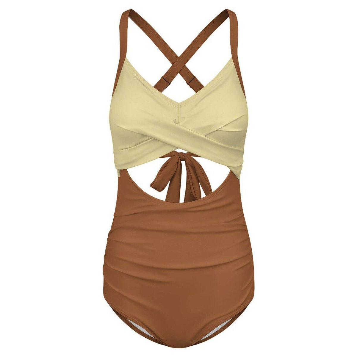 Buttermilk and Brown Cut-Out One-Piece Swimsuit, Lace-Up Back & Ruching, Pin-Up Vibes