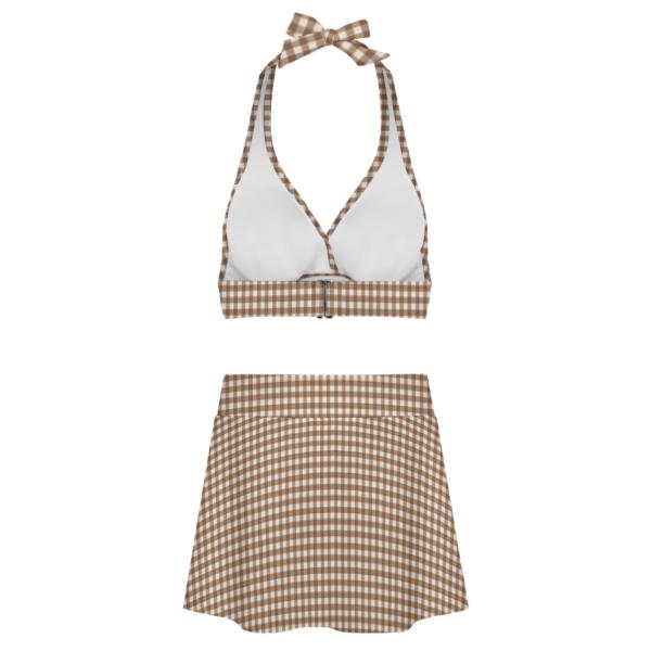 Brown Gingham Retro Halter Tankini Skort Swim Set with Integrated Bottoms