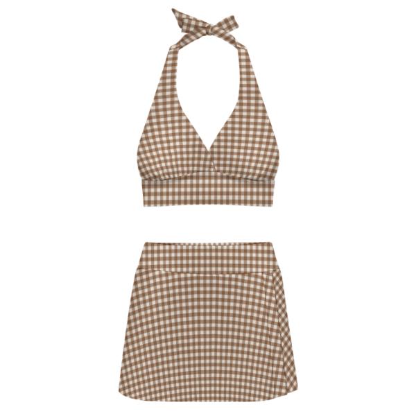 Brown Gingham Retro Halter Tankini Skort Swim Set with Integrated Bottoms