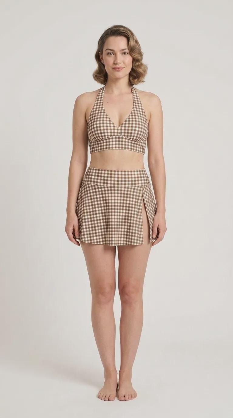Brown Gingham Retro Halter Tankini Skort Swim Set with Integrated Bottoms