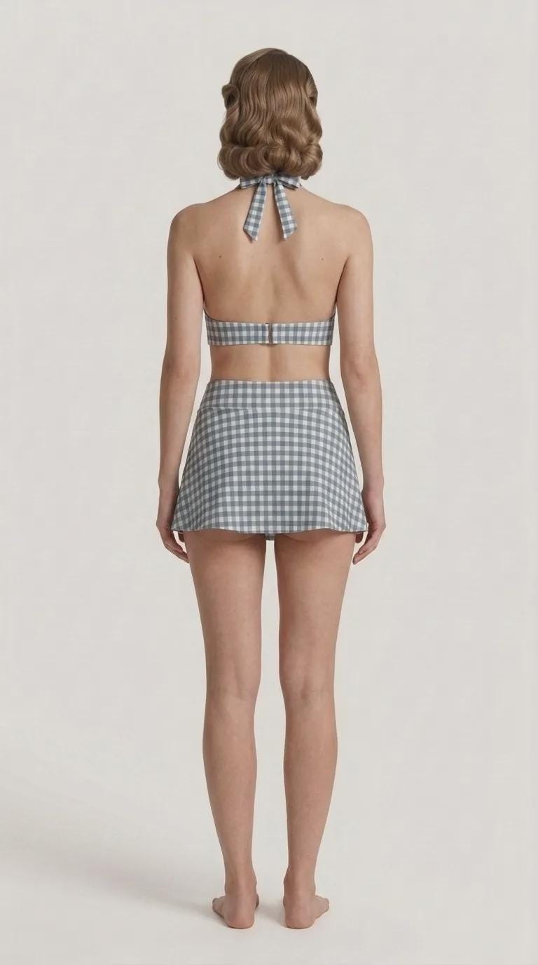 Blue Gingham Retro Halter Tankini Skort Swim Set with Integrated Bottoms