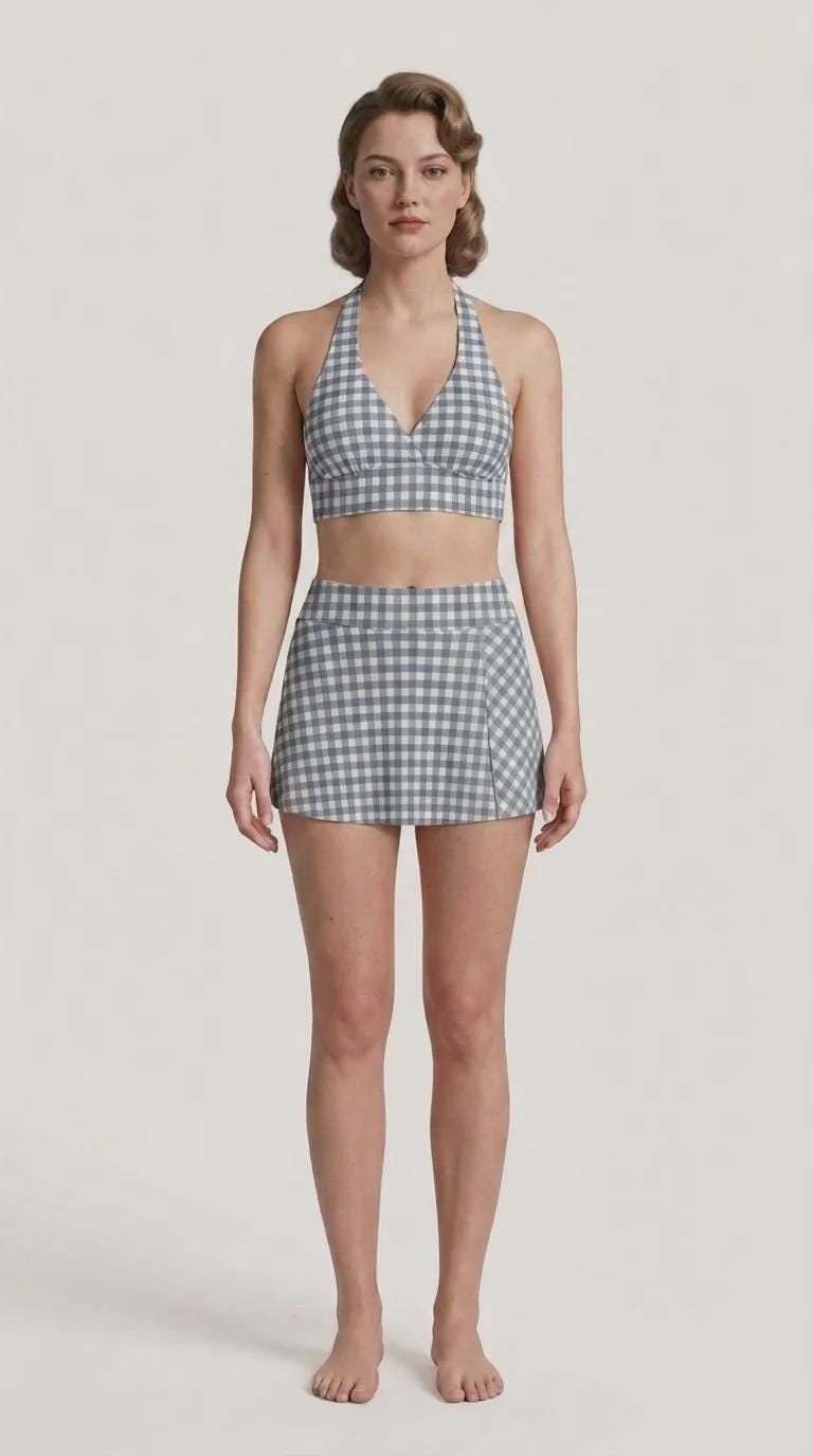 Blue Gingham Retro Halter Tankini Skort Swim Set with Integrated Bottoms