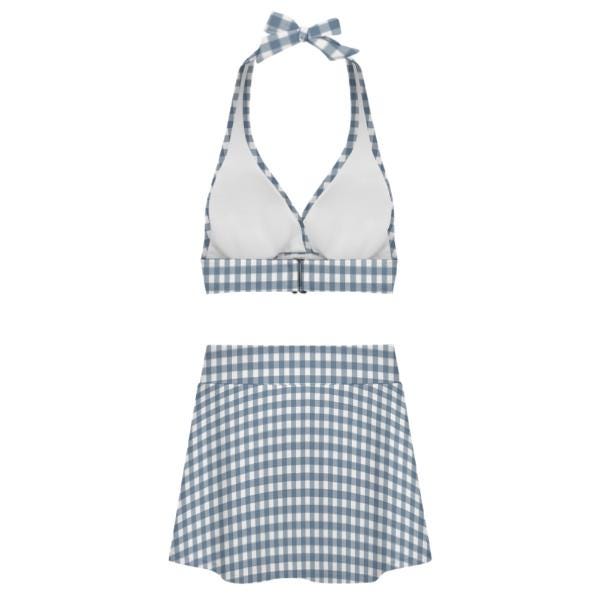 Blue Gingham Retro Halter Tankini Skort Swim Set with Integrated Bottoms