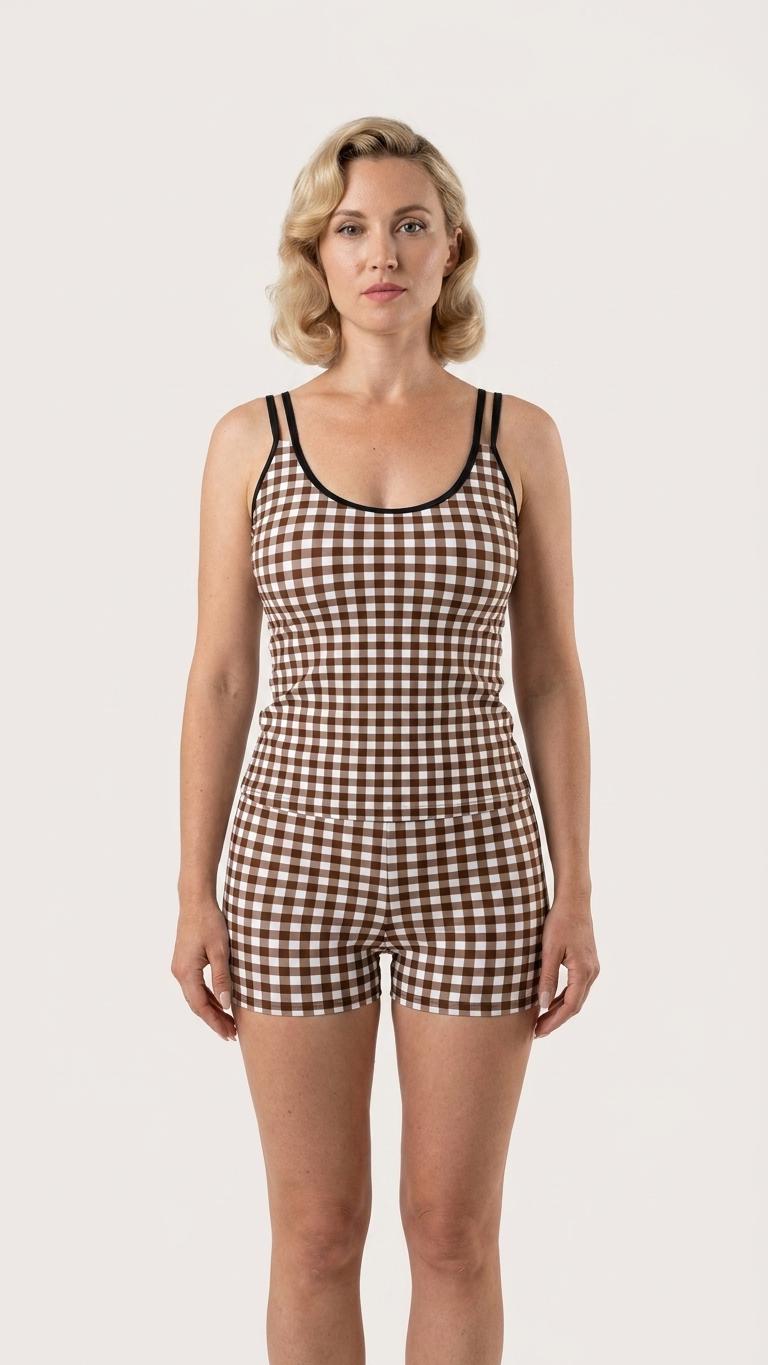 Retro Double Strap Tankini Set with Swim Shorts, Vintage-Inspired Swimwear