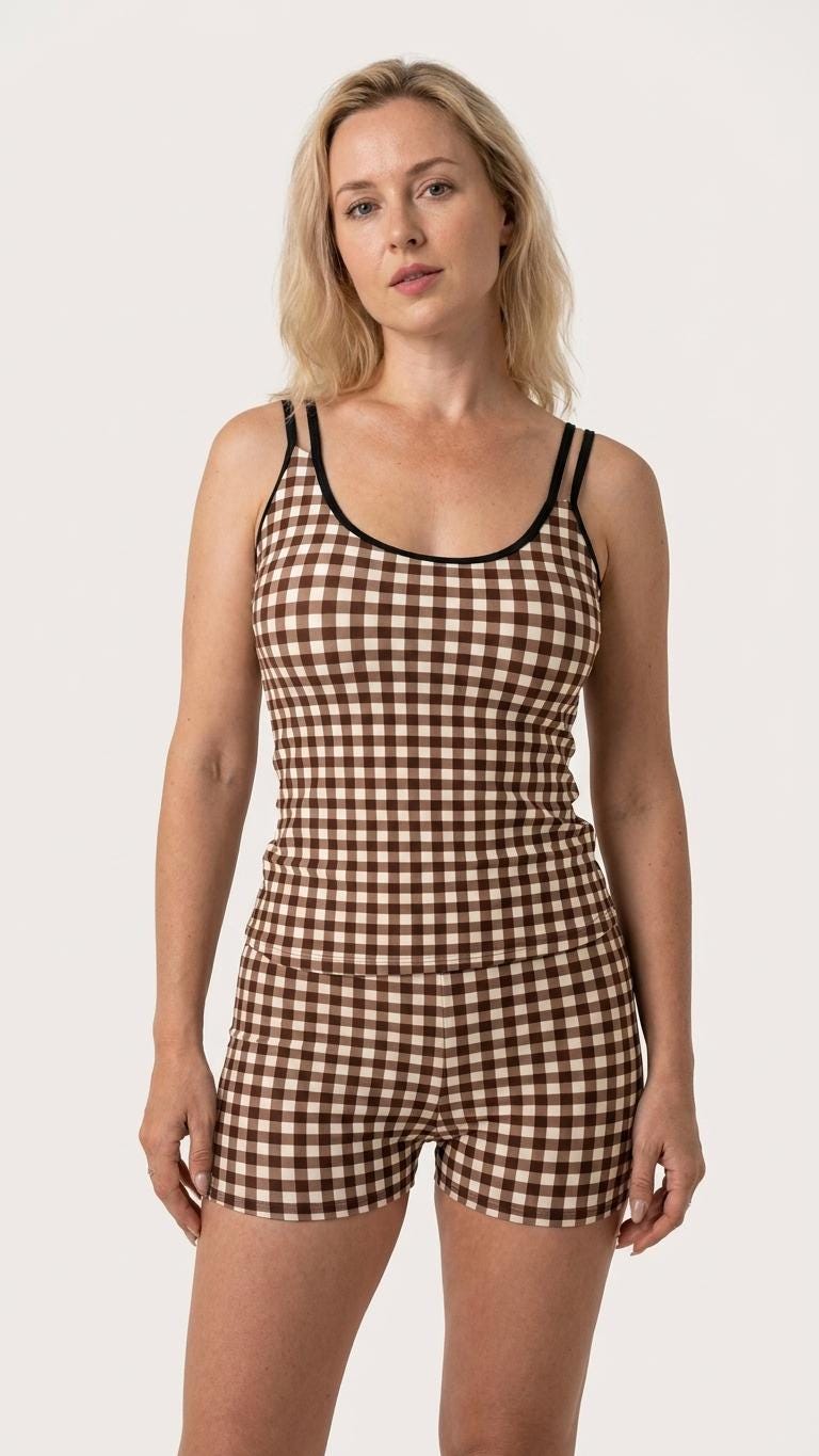 Retro Double Strap Tankini Set with Swim Shorts, Vintage-Inspired Swimwear