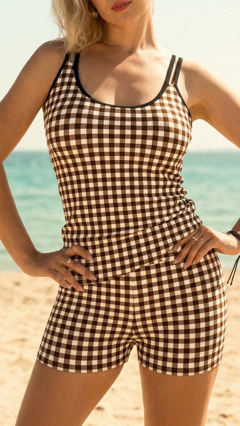 Retro Double Strap Tankini Set with Swim Shorts, Vintage-Inspired Swimwear